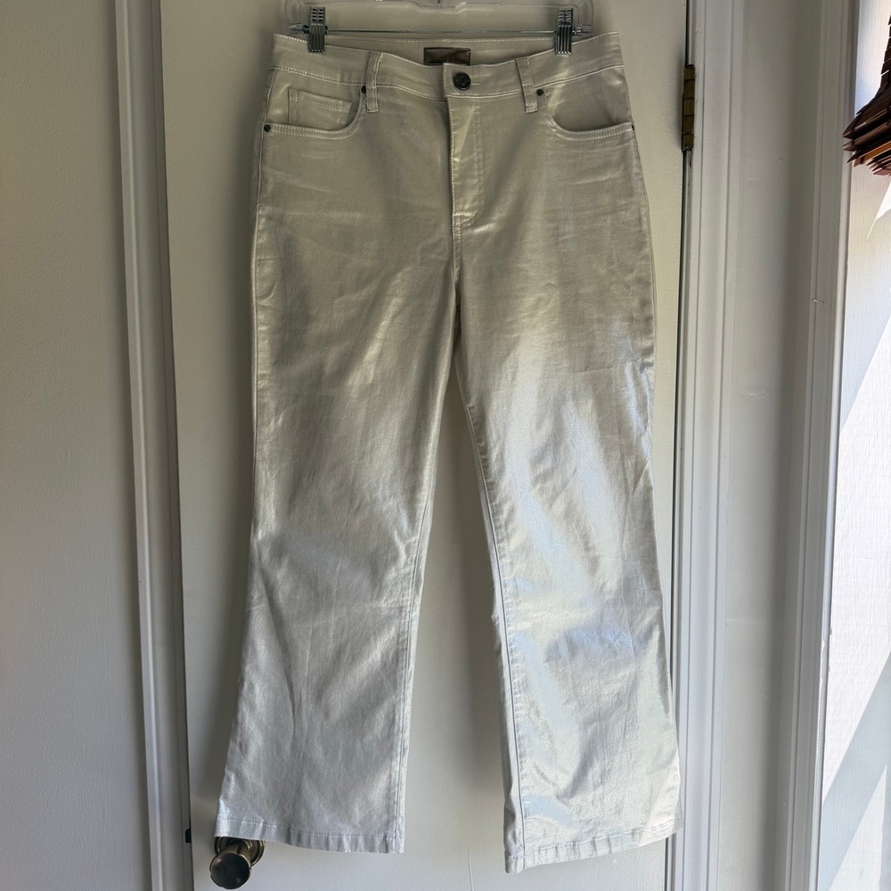 Kut from the Kloth Kelsey Fab Ab Ankle Flare Silver Metallic High Rise Jeans 8